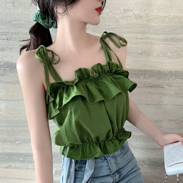 楽天市場 トップス キャミソール 量産型 地雷系 お嬢様 韓国 ゆめかわいい やみかわいい 原宿系 参戦服 レディース 夏 可愛い 無地 フリル シャーリング ペプラム ガーリー リボン 体型カバー オルチャン カジュアル ベアトップ 肌見せ おしゃれ ピンク グリーン