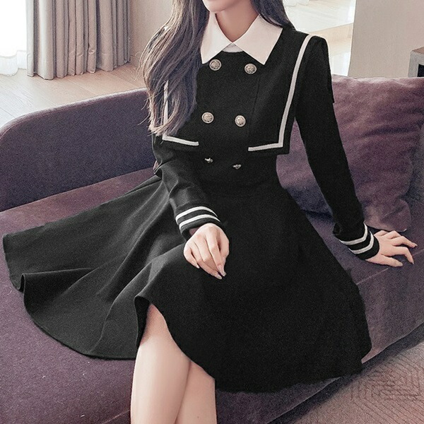 楽天市場 量産型 参戦服 お嬢様 韓国 ゆめかわいい やみかわいい 原宿系 地雷系 ワンピース セーラー服風 オルチャン 無地 セーラー襟 春 秋 冬 長袖 ショート丈 おしゃれ 可愛い バイカラー フレア Aライン モノトーン ガーリー 制服 双子コーデ レディース ホワイト