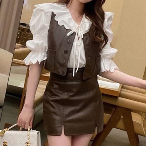 セットアップ ミニスカート ベスト ブラウス 3点セット 量産型 お嬢様 韓国 ゆめかわいい やみかわいい 原宿系 地雷系 参戦服 無地 ビッグカラ ビッグ襟 春 秋 五分袖 ショート丈 ミニ丈 おしゃれ 可愛い オルチャン レザー風 タイト スリーピース レディース 白 茶 S M L