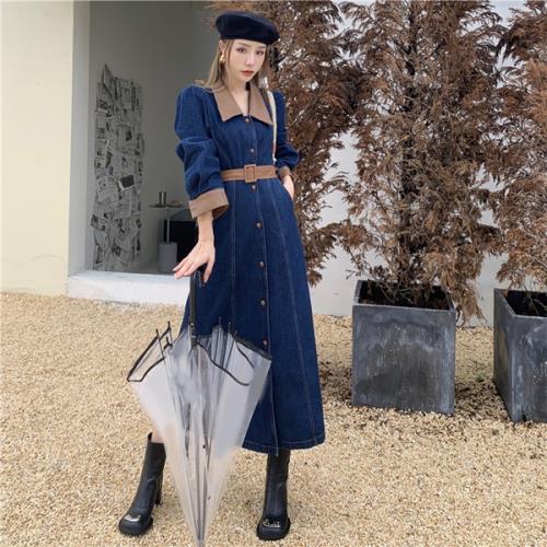 楽天市場 ワンピース デニムワンピース コンビ 韓国 無地 Vネック 秋 冬 長袖 ロング丈 ベルト レザー襟 フレア Aライン 前ボタン おしゃれ 可愛い オルチャン シャツワンピース 羽織りもの 個性的 カジュアル 大人 きれいめ 女子会 デート お出かけ レディース ブルー