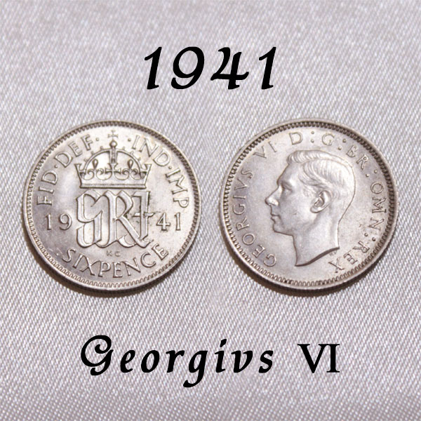 【美品】 1941年 第二次世界大戦 戦時下 ジョージ6世 GRI 国民を励まし続けた王 イギリス 50％ .500 シルバー Silver ハッピー ウェディング シックスペンス 花嫁の左の靴に銀の6ペンス ラッキー 幸福 幸運を運ぶアンティーク銀貨 幸せな結婚 お祝い 　【中古】
