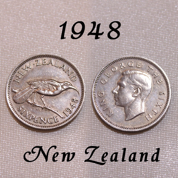 1948年 NZ ニュージーランド 6ペンス コイン 絶滅種 ホオダレムクドリ メス 鳥 バード Huia マオリ族の酋長の飾り ジョージ6世 白銅貨 古銭 通貨 貨幣　【中古】