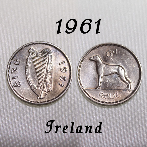 <br>1961年 アイルランド 6ペンス コイン 6ｄ ハープ 犬 アイリッシュ ウルフハウンド ドッグ Dog Ireland Eire エール アイルランド ポンド 白銅貨 硬貨 通貨 古銭 貨幣 メール便【中古】