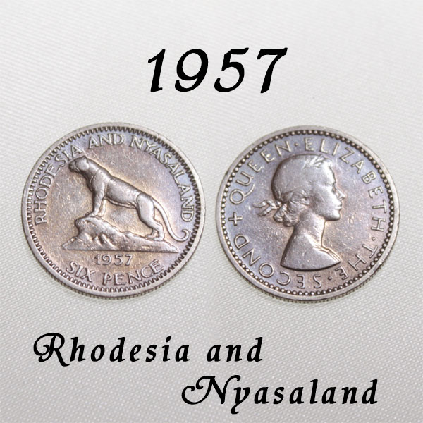 <br>ローデシア ニヤサランド 6ペンス 1957年 Rhodesia Nyasaland コイン 岩の上のライオン 獅子 エリザベス2世女王 ハッピー ウェディング シックスペンス 白銅貨 硬貨 通貨 古銭 貨幣 ラッキー 幸福 幸運 アンティーク コイン sixpence 【中古】