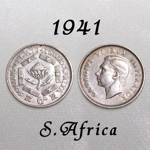 <br>1941年 南アフリカ 6ペンス 0.800 シルバー Silver 銀貨 世界大戦戦時下 ジョージ6世 国花 プロテアの花 ハッピー ウェディング シックス ペンス Happy wedding sixpence 結婚式 花嫁に左の靴 プレゼント ギフト  【中古】