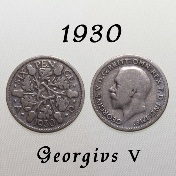 1930年 成長と繁栄 オーク デザイン Acon Ork ジョージ5世 イギリス 50％ .500 シルバー Silver ハッピー ウェディング シックスペンス 花嫁の左の靴に銀の6ペンス ラッキー 幸福 幸運を運ぶアンティーク銀貨 幸せな結婚 お祝い プレゼント