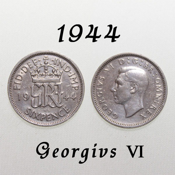 1944年 第二次世界大戦 戦時下 ジョージ6世 GRI 国民を励まし続けた王 イギリス 50% .500 シルバー Silver ハッピー ウェディング シックスペンス 花嫁の左の靴に銀の6ペンス ラッキー 幸福 幸運を運ぶアンティーク銀貨 幸せな結婚 お祝い プレゼント 【中古】
