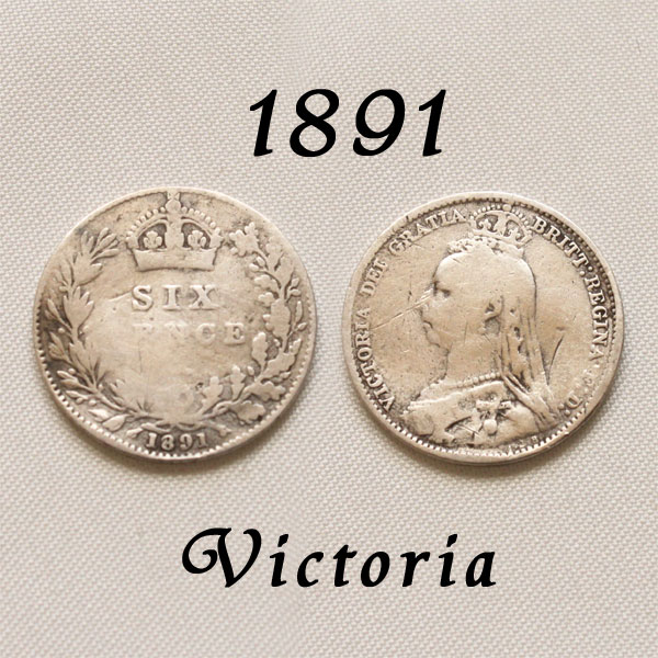 1891年 ヴィクトリア女王 イギリスが最も栄えた時代 古い通貨 幸福の6ペンスコイン スターリング シルバー ハッピー ウェディング シックスペンス 花嫁の左の靴に銀の6ペンス ラッキー 幸運を運ぶアンティーク銀貨 幸せな結婚 プレゼント