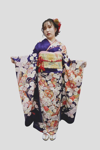 【レンタル】往復 送料 無料 全部揃って 安心 レンタルレンタル 振袖 振袖女性 和服 振袖 振袖レンタル 振袖フルセット 紺紫 地熨斗目 刺繍 手毬 柄 A No.2001