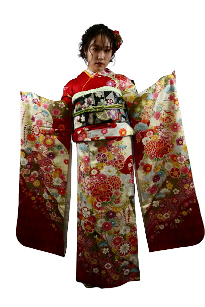 【レンタル】往復 送料 無料 全部揃って 安心 レンタルレンタル 振袖 振袖女性 和服 振袖 振袖レンタル 振袖フルセット 赤地 花輪 柄 E No.2005