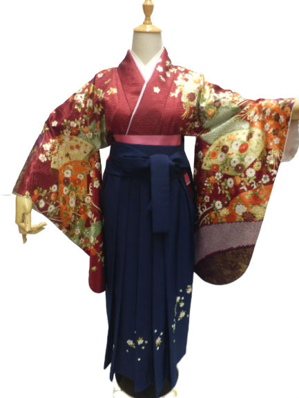 【レンタル】小学生 卒業式 袴 女の子 紋付き袴 フルセット 往復送料無料 レンガ地 扇子 花 柄No.325
