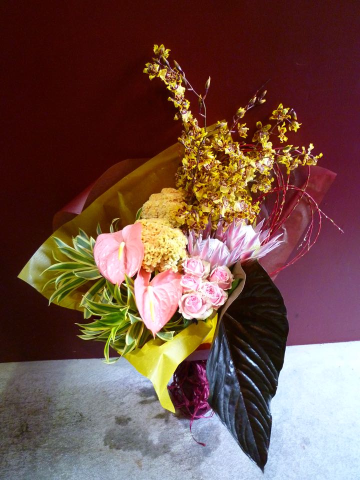 プロテア Yellow 花束 プロテア ドラセナ ケイトウ アンスリューム Pink ドラセナ バラ バラ オンシジューム チャンバーレイニアナム レッドウィロー Mobbs