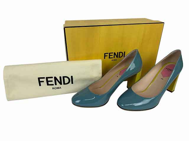 FENDI / フェンディ エナメルパンプス バイカラー チャンキーヒール レディース サイズ : 37 ブルー/イエロー【中古】