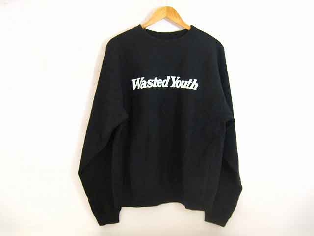 WASTED YOUTH/ウェイステッド ユース ヘビーウエイトスウェットシャツ ロゴプリントトレーナー メンズ サイズ : L ブラック【中古】