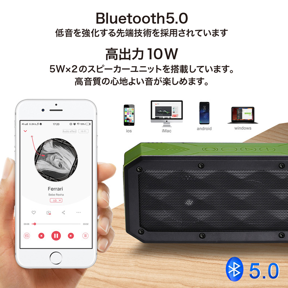 楽天市場 Bluetooth スピーカー 防水 ワイヤレススピーカー ブルートゥース マイク付き 高出力10w Iphone 高音質 小型 重低音 大音量 高品質 音楽 映画 ドラマ Monomall