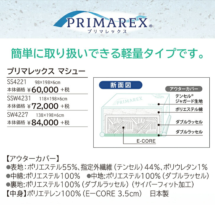 楽天市場 プレゼント 山甚物産 プリマレックス マシュー シングル 寝返りしやすい 敷布団 軽量 通気性 日本製 高反発 軽い 敷き布団 柔らかい繊維 ソフトな風合い 吸湿性 速乾性 吸汗 ジンペット 専用カバープレゼント 送料無料 代引不可 いい目ざめ モリクボ