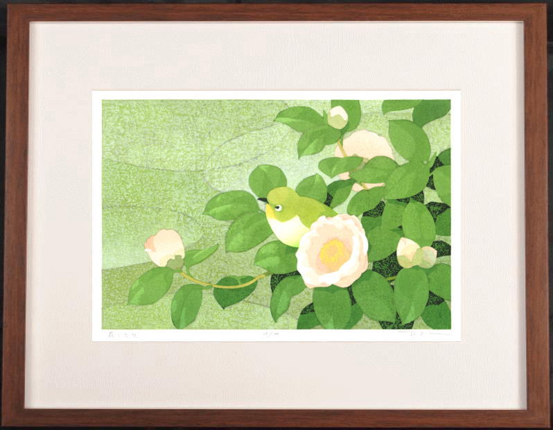 本荘正彦 花ごもり インテリア 絵画 椿 目白 絵 和風 プレゼント コレクション 新築祝い 開店祝い 新品額付き 国内送料無料