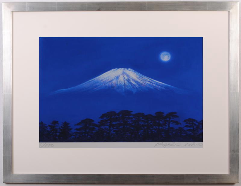 満月の夜の富士山と龍　パステル画　開運絵画 龍と鳳凰(パステル青緑龍・A4サイズ） | 晃世