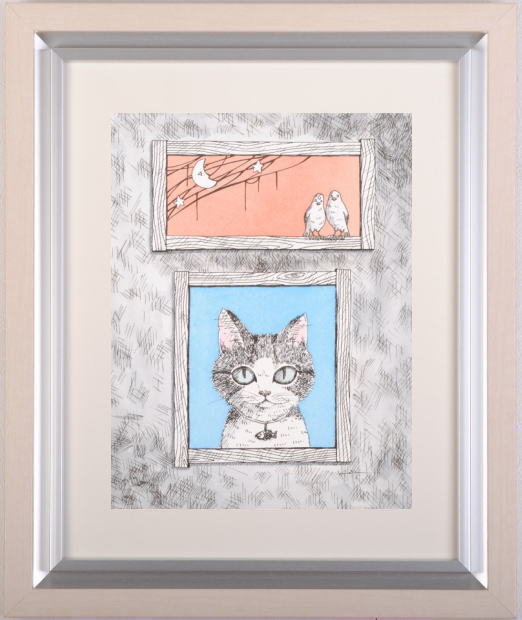 【作家名】香月和夫【作品名】夜空で愛を語ろう　猫　絵画　キジ猫　鳥　絵　ミクストメディア　額付き　国内送料無料