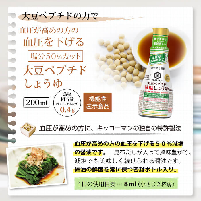 無料サンプルOK 血圧が高めの方に 機能性表示食品 50%減塩 いつでも新鮮 キッコーマン 大豆ペプチド 減塩しょうゆ だし入り 200ml 減塩食  減塩醤油 減塩 減塩調味料 塩分カット 醤油 しょう油 血圧 血圧を下げる 高血圧 血圧改善 調味料 お中元 お中元ギフト 低塩 qdtek.vn