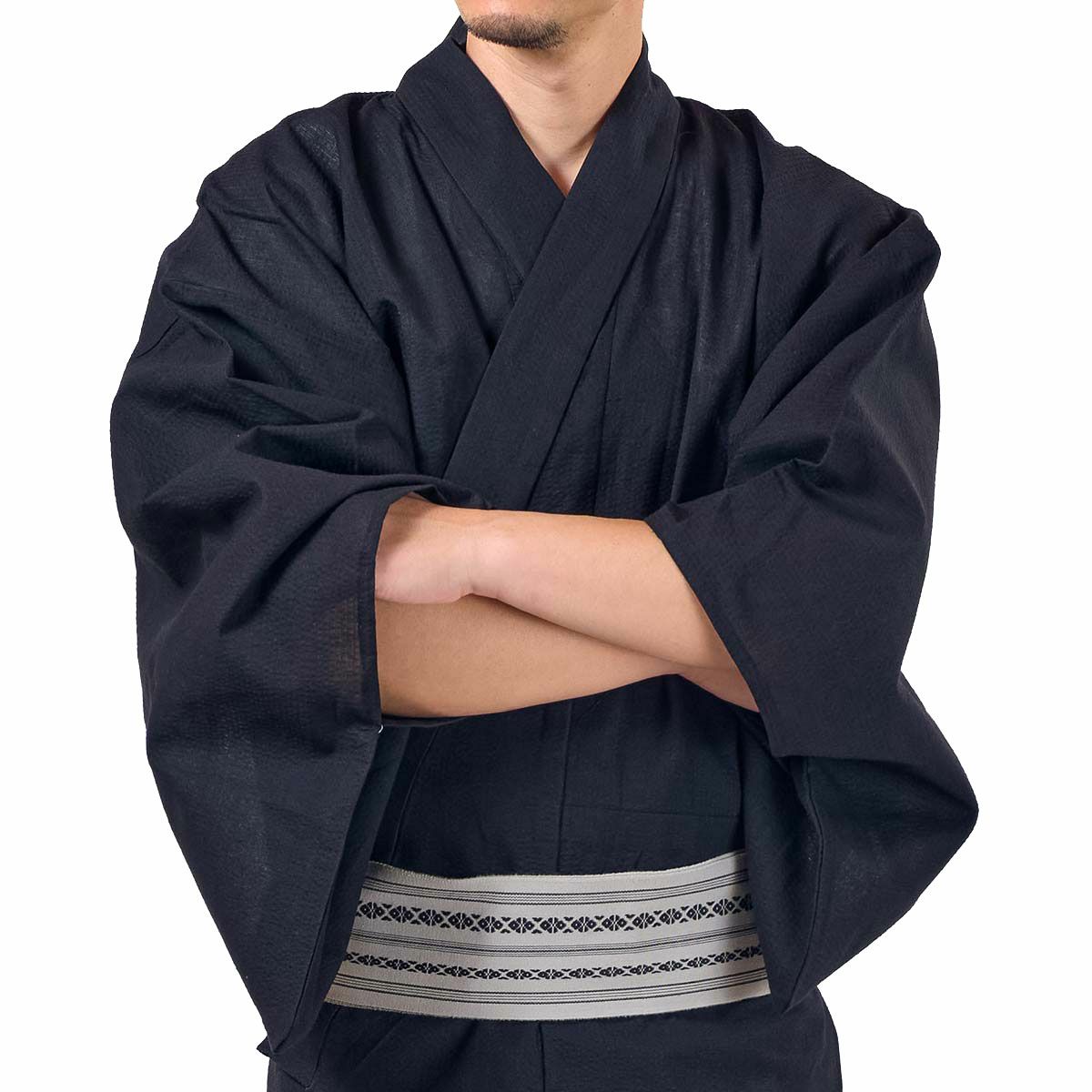 浴衣セット しじら 綿麻 黒 M～LL （浴衣+角帯+腰紐） - 商品メイン画像