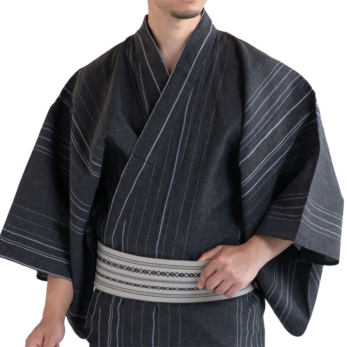 浴衣 メンズ 夏着物 近江ちぢみ綿麻 濃グレー縞 M～LLサイズ 浴衣単品
