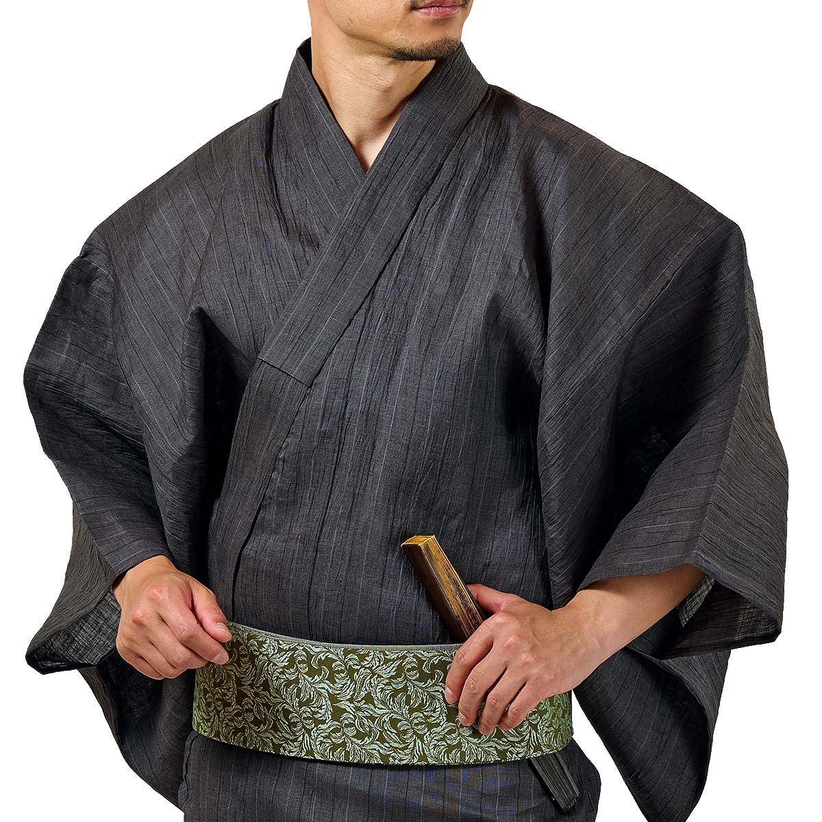 浴衣 メンズ 夏着物 近江ちぢみ本麻 濃グレー S～3Lサイズ 浴衣単品
