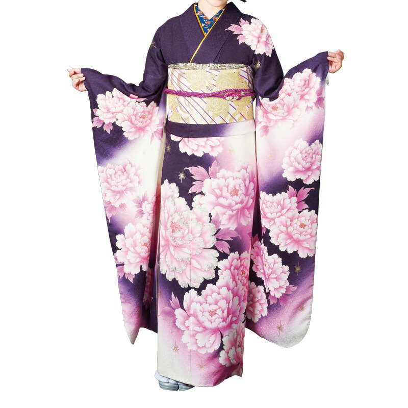 【受注品】〔成人式〕振袖レンタル　豪華大輪高花振袖010264【振袖フルセット】《レンタル振り袖》《着物レンタル》《成人式レンタル》〔貸衣装〕〔格安〕★往復送料無料★【キラキララメ入り紫系振袖セットレンタル】【レンタル】【l】｜名古屋貸衣装