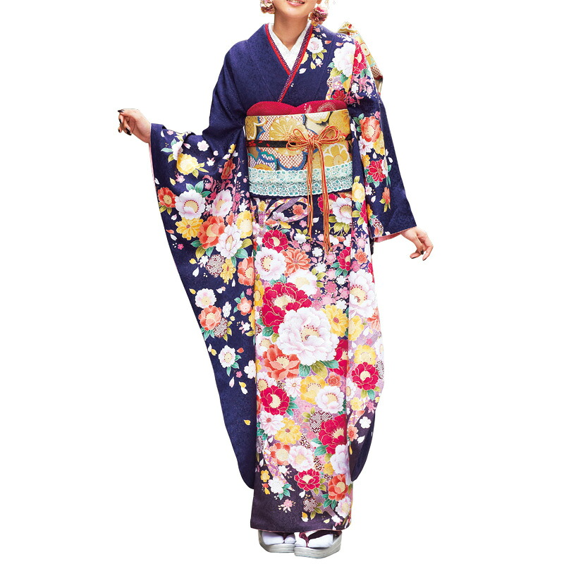 【受注品】〔成人式〕振袖レンタル　花彩麗美振袖 01023【振袖フルセット】《レンタル振り袖》《着物レンタル》《成人式レンタル》〔貸衣装〕〔格安〕★往復送料無料★【紺地青地系ラメ入り振袖セットレンタル】【レンタル】【l】