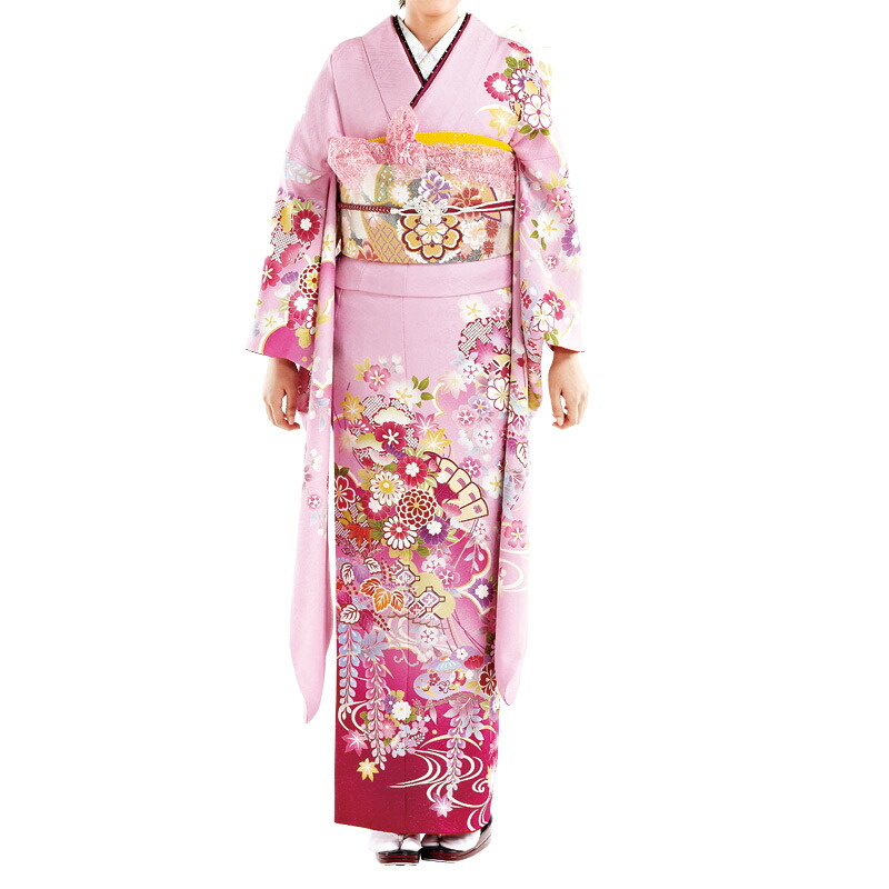 【受注品】〔成人式〕振袖レンタル　桃扇藤宝花振袖010354【振袖フルセット】《レンタル振り袖》《着物レンタル》《成人式レンタル》〔貸衣装〕〔格安〕★往復送料無料★【黒地振袖セットレンタル】【レンタル】【l】