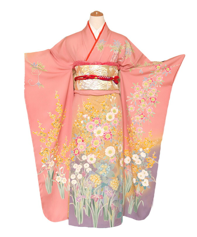 【単】【単衣】【結婚式　振袖 レンタル】レンタルフルセット（4月～11月）あやめ桜梅振袖レンタル54007ピンク地振袖〔結婚式　振袖　レンタル〕〔結納〕〔カラオケ〕〔着物〕〔演歌〕〔レンタル振袖　結婚式〕【チャペル】【お茶会】【春・夏・秋】【レンタル】【ｄ】