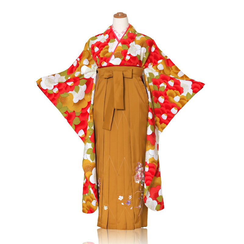 卒式袴賃借 レトロモダン アンティーク 岡重 ブランド名 梅花振袖袴賃借フルセット 袴：カラシ色系刺しゅう 御召しもの：カラシ系 今めかしい袴賃借 卒式 単科大学 卒式 授業時間 袴上下 短大 専門職授業時間 卒式【賃借】【x】