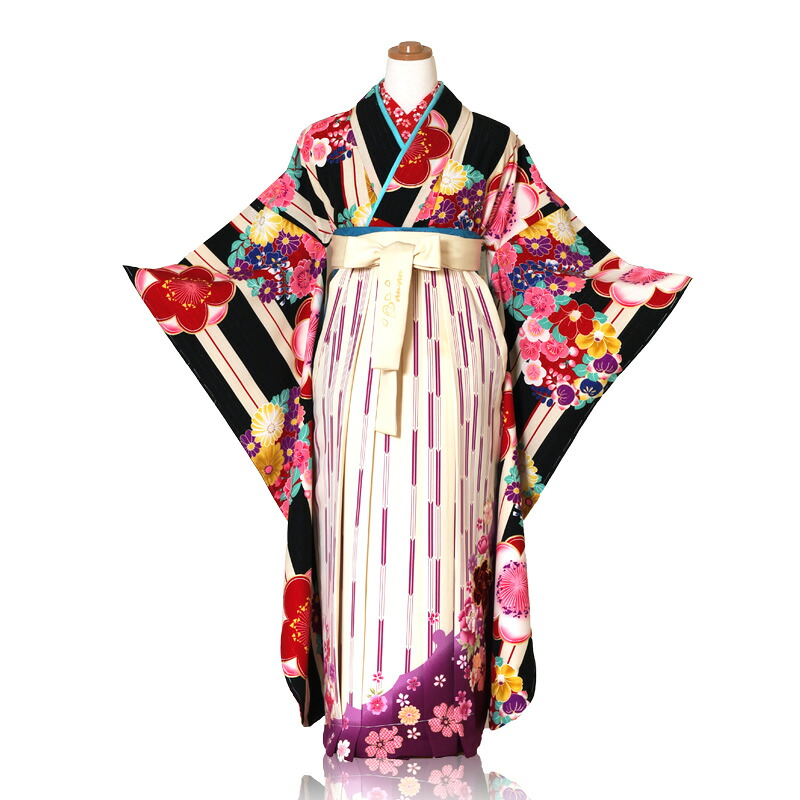 卒式袴賃借 レトロモダン アンティーク 紅一点 KOH ITTEN ブランド名 桜大輪縞模様 縦縞 振袖袴賃借フルセット 袴：白いこと系刺しゅう 御召しもの：黒いこと系 今めかしい袴賃借 卒式 単科大学 卒式 授業時間 袴上下 短大 専門職授業時間 卒式【賃借】【x】