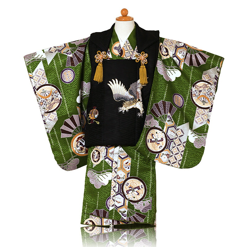 【賃借】緑緑であること御召しもの 黒いこと厚地の外套鷹刺しゅう【七五三 3歳】[3歳 お坊っちゃん 厚地の外套][753 お坊っちゃん 3歳][3歳 厚地の外套 賃借][往復貨物輸送無料][小物一揃いつき][フルセット]【h】