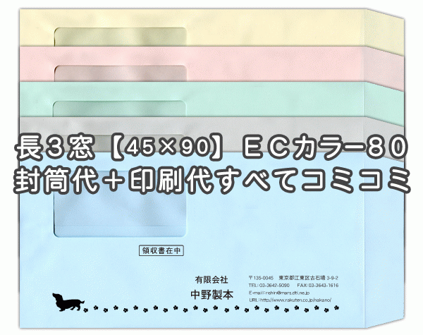 封筒 印刷 長3封筒 窓 45×90mm 窓付封筒 ECカラー ハーフトーンカラー80 封筒印刷 1000枚 【送料無料】