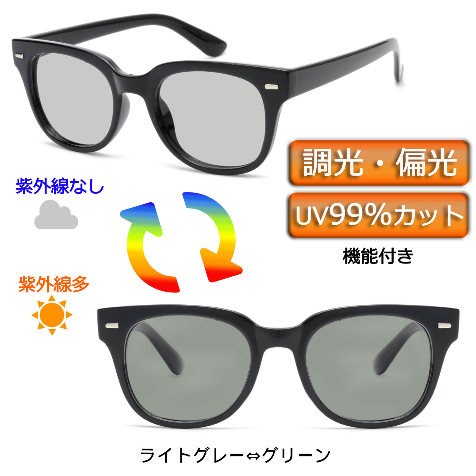 お値引き 調光 サングラス ウェリントン タイプ 変色 偏光レンズ UV