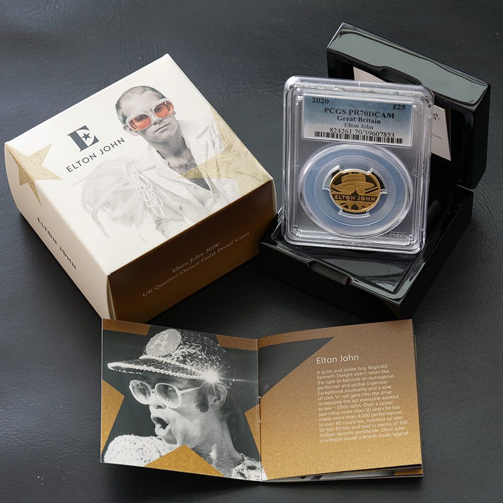 【資産としての金(gold)】 2020年 イギリス エリザベス2世 ミュージックレジェンド エルトン・ジョン 25ポンド 1/4オンス 金貨 PCGS PR70DCAM アンティークコイン モダン 英国
