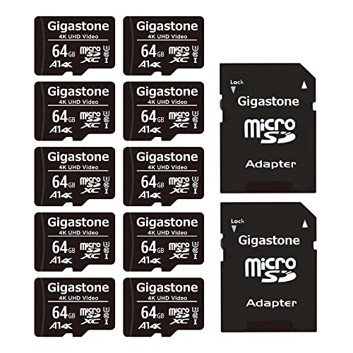 Gigastone マイクロsd歌留多 64GB 10個書き割り, SDアダプター付き添い人, 4K UHD 録画媒体 映画化, 90MB/S, MicroSDXC UHS-I A1 U3 C10