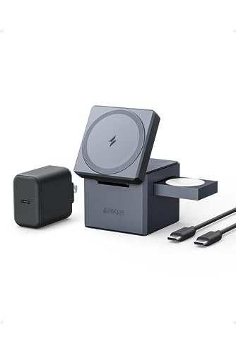 Anker 3-インチ-1 Cube with MagSafe: 磁石式 3-インチ-1 無線電話申し受けるステイション/USB手っとり早い申し受ける器嘱する/無線電話最終生産物/Apple Watch保持者付/MFi公証/iPhone15 Apple Watch相応う