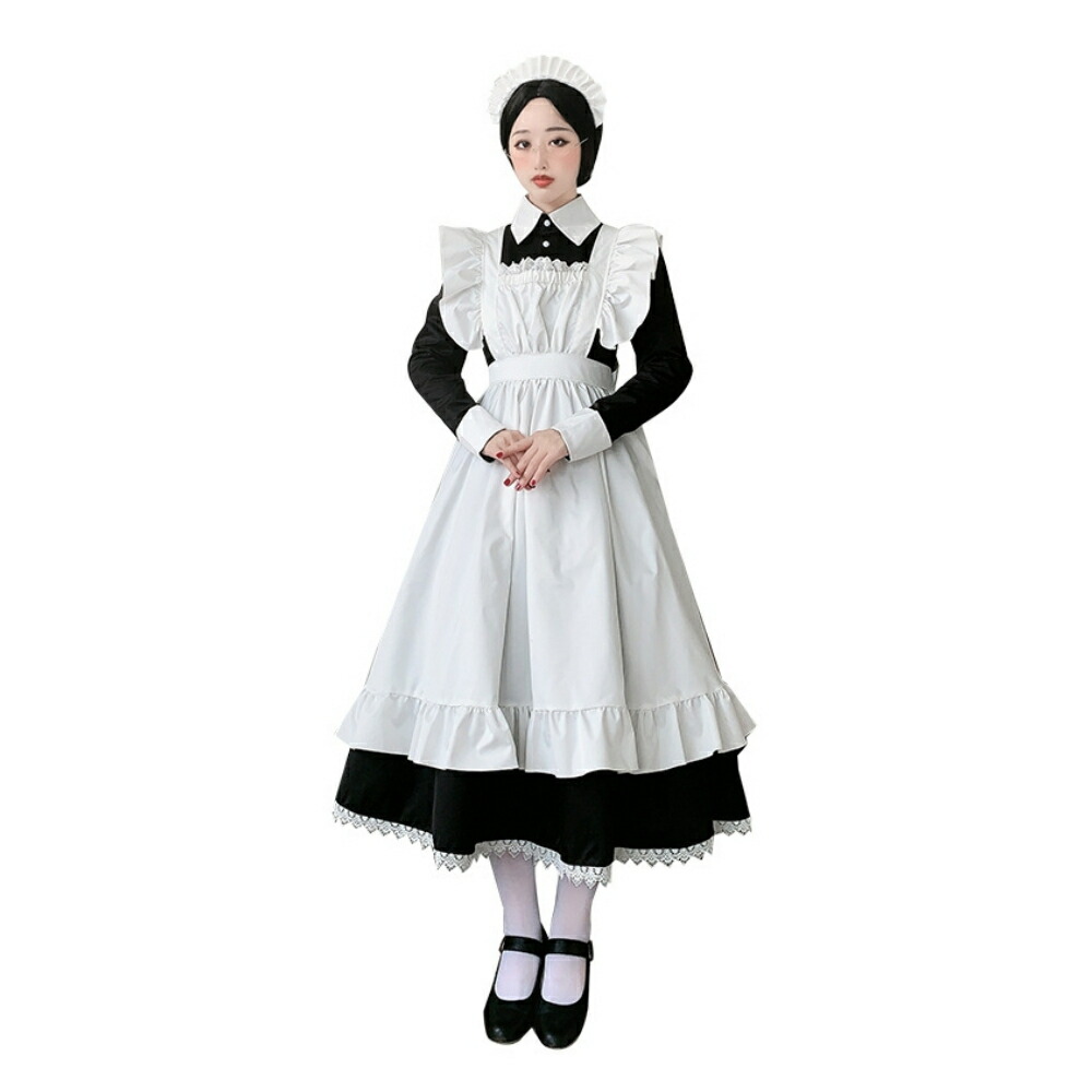 ロング丈 本格メイド服 コスプレ 衣装 ハロウィン ドレス風 長袖 半袖 白黒 清楚系 ロング メイド服 本格 ロングメイドコスチューム ロングメイドドレス ワンピース エプロン カチューシャ