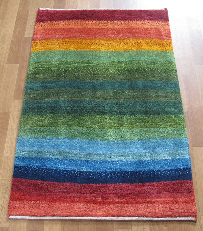 イラン製 ゾランヴァリ ギャッベ 玄関マット 115&times;77cm 手織り 天然 ウール100% 草木染 おしゃれ かわいい 北欧 ラグ 絨毯 マット ラグマット カーペット 厚手 屋内 室内 ギャベ 床暖房対応 ホットカーペット対応 レインボー (品番:ZS-1503）｜キリム＆絨毯・オリエンタルムーン
