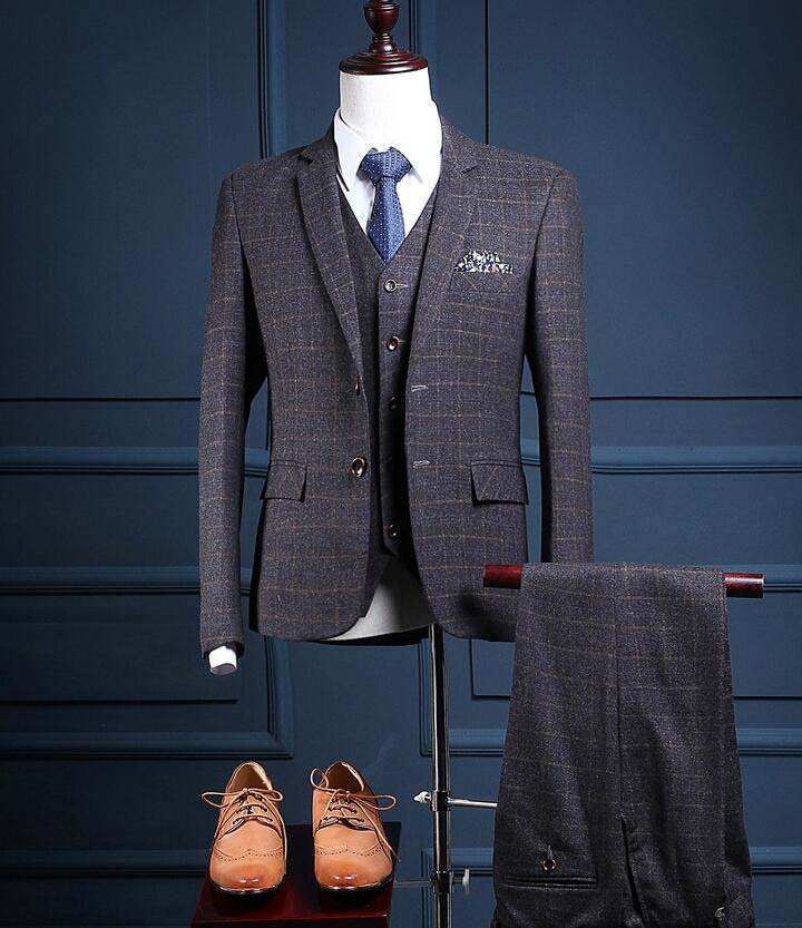 送料無料 フォーマルスーツ メンズスーツ チェック柄 3点セット ジャケット ベスト パンツ 二つボタン ビジネススーツ メンズ スーツ スリーピース セットアップ 結婚式 披露宴 二次会 パーティー 通勤 スリムスーツ 春夏秋冬 冠婚葬祭 カジュアル 上下セット イギリス風