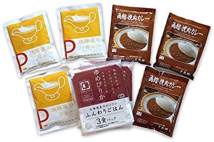 「五島軒　挽肉カレー×３袋」「焼豚屋のカレー×３袋」「ゆめぴりかレンジパック200g3個入り×２」送料無料