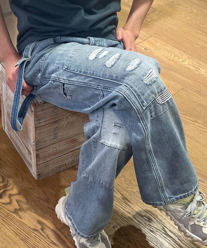 ペインターパンツ デニム 11oz ダメージ加工 洗い加工 オーバーザイズ ヴィンテージ カジュアル シンプル 無地 ゆったり パンツ ユニセックス オールシーズン 綿 コットン