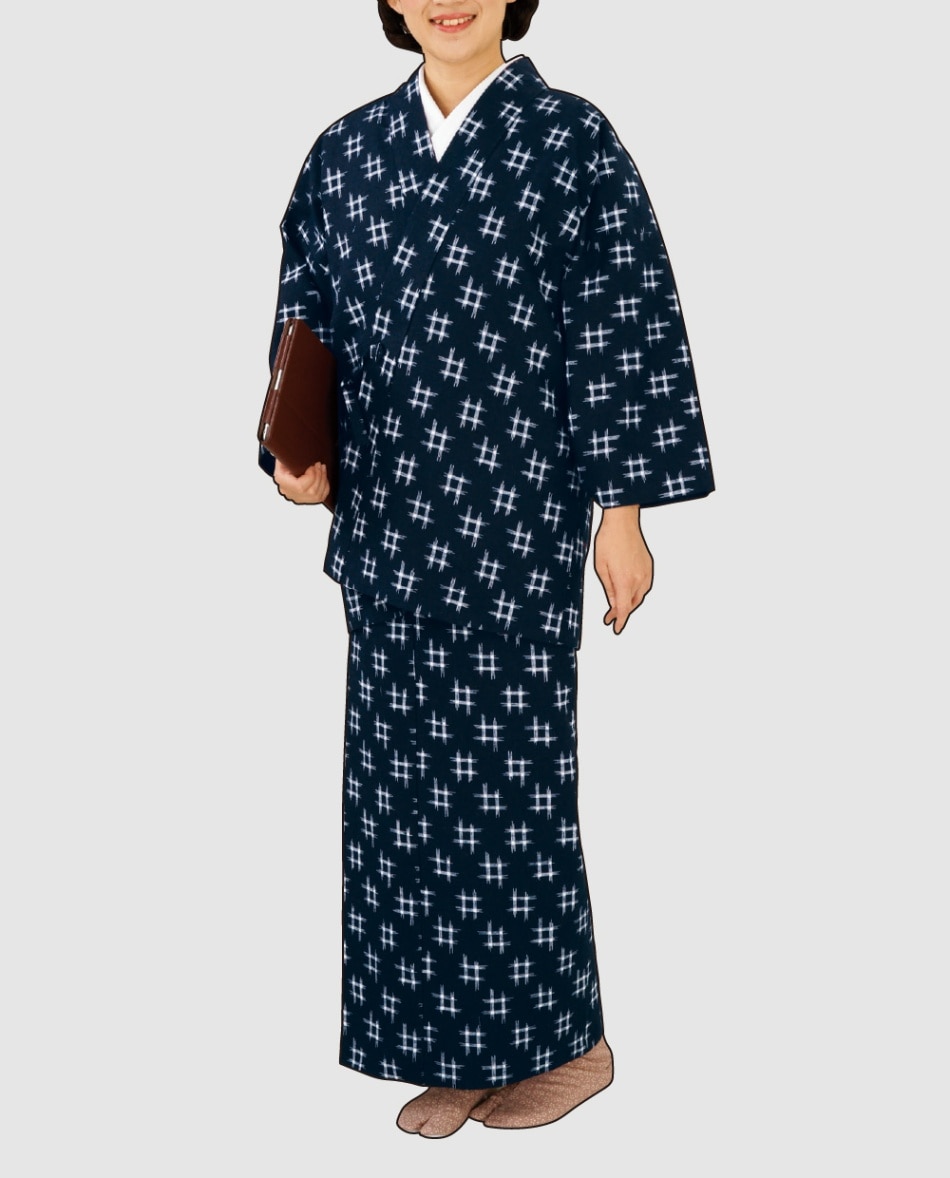 二部式きもの、5919。仕立上り絣柄きもの、単衣仕立。「上着」と「スカート」の上下二部式に分かれておりますので、誰でも簡単にお召しただけます