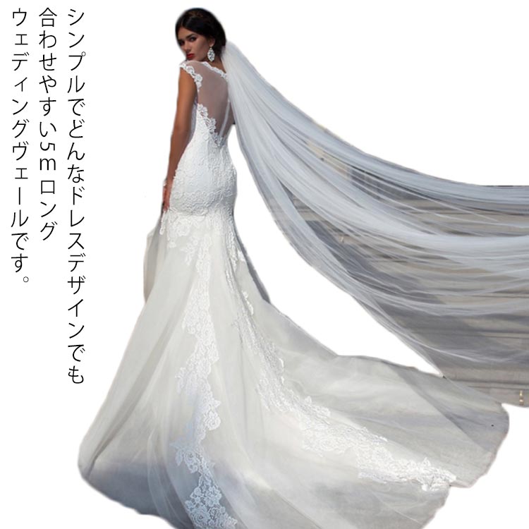5m ブライダル ロングベール シンプル 透け感 装飾無し 結婚式 ホワイト ダウン可能