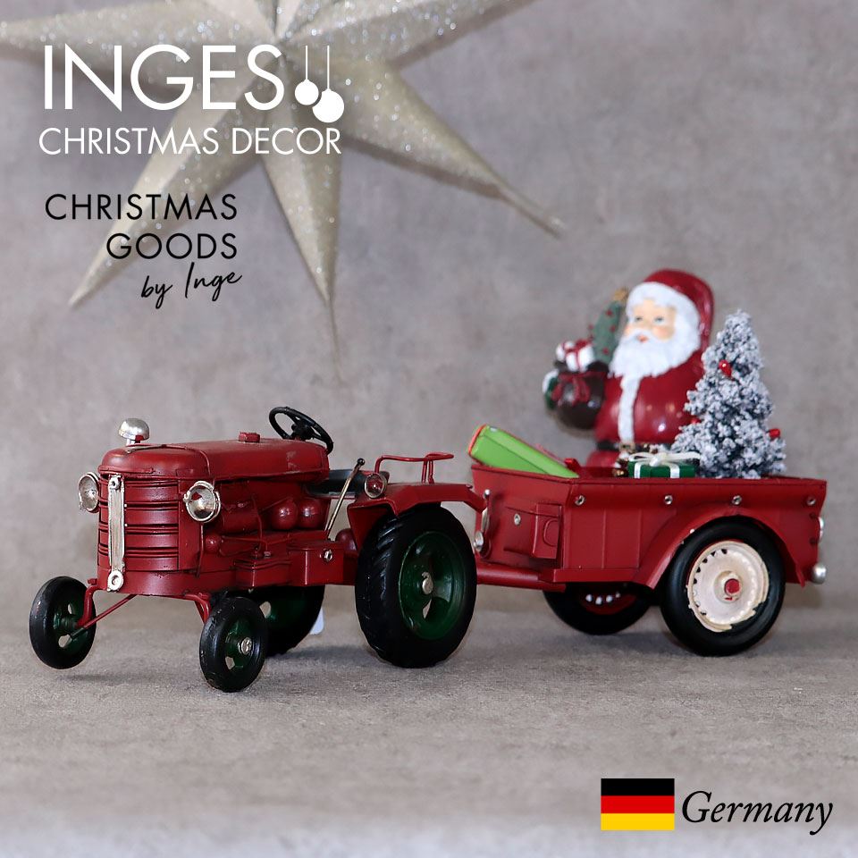 トラクターとトレーラー クリスマス Inge Glas カー E 赤 ピカキュウhome ドイツ直輸入 レッド Christmas アンティーク加工 クリスマス Withツリー プレゼントボックス Red ヴィンテージカー ドイツ直輸入 クリスマスプレゼントに ヴィンテージカー Tractor