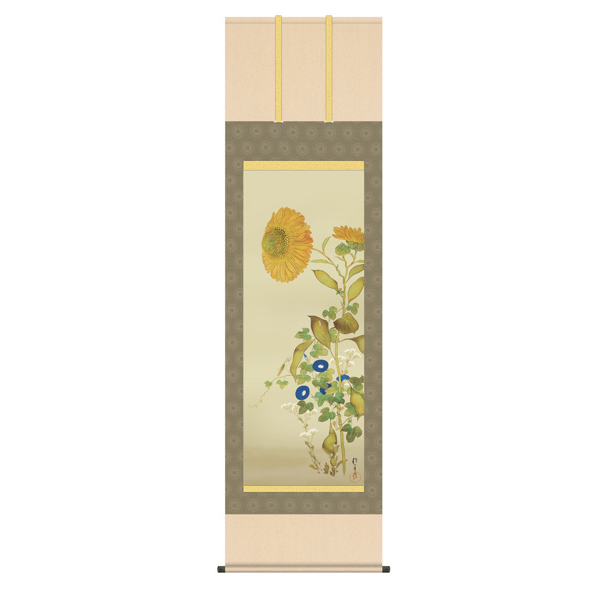 酒井抱一 日本の巨匠 掛軸 日本画 床の間 送料無料 掛け軸 名画複製画 向日葵、朝顔、藤袴、蟷螂(ひまわり、あさがお、ふじばかま、かまきり) 高精彩複製画