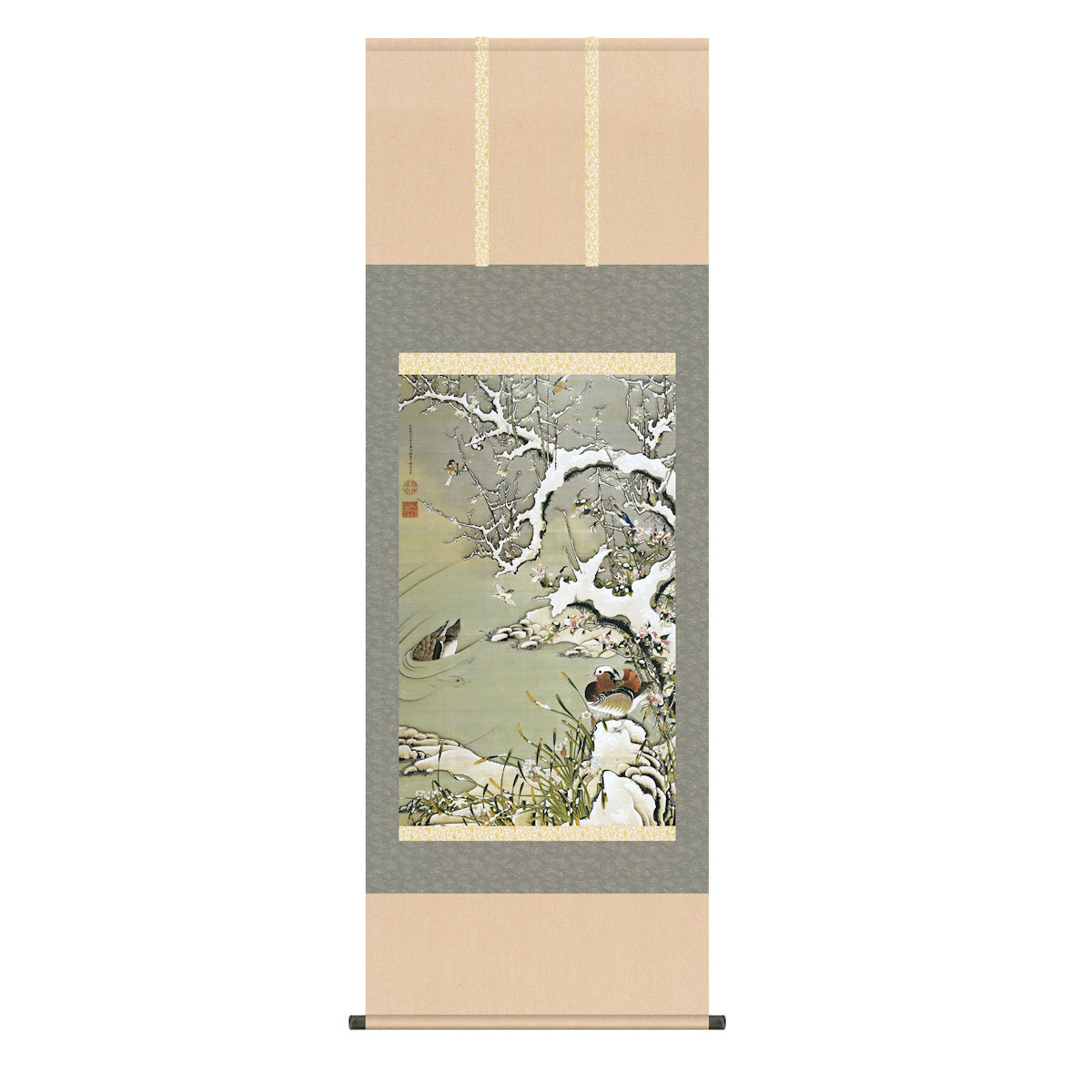 掛軸 日本画 床の間 送料無料 掛け軸 日本の巨匠 名画複製画 伊藤若冲 雪中遊禽図(せっちゅうゆうきんず) 高精彩功芸画 手彩入り｜季節の和雑貨　京都 和匠ポラーコ