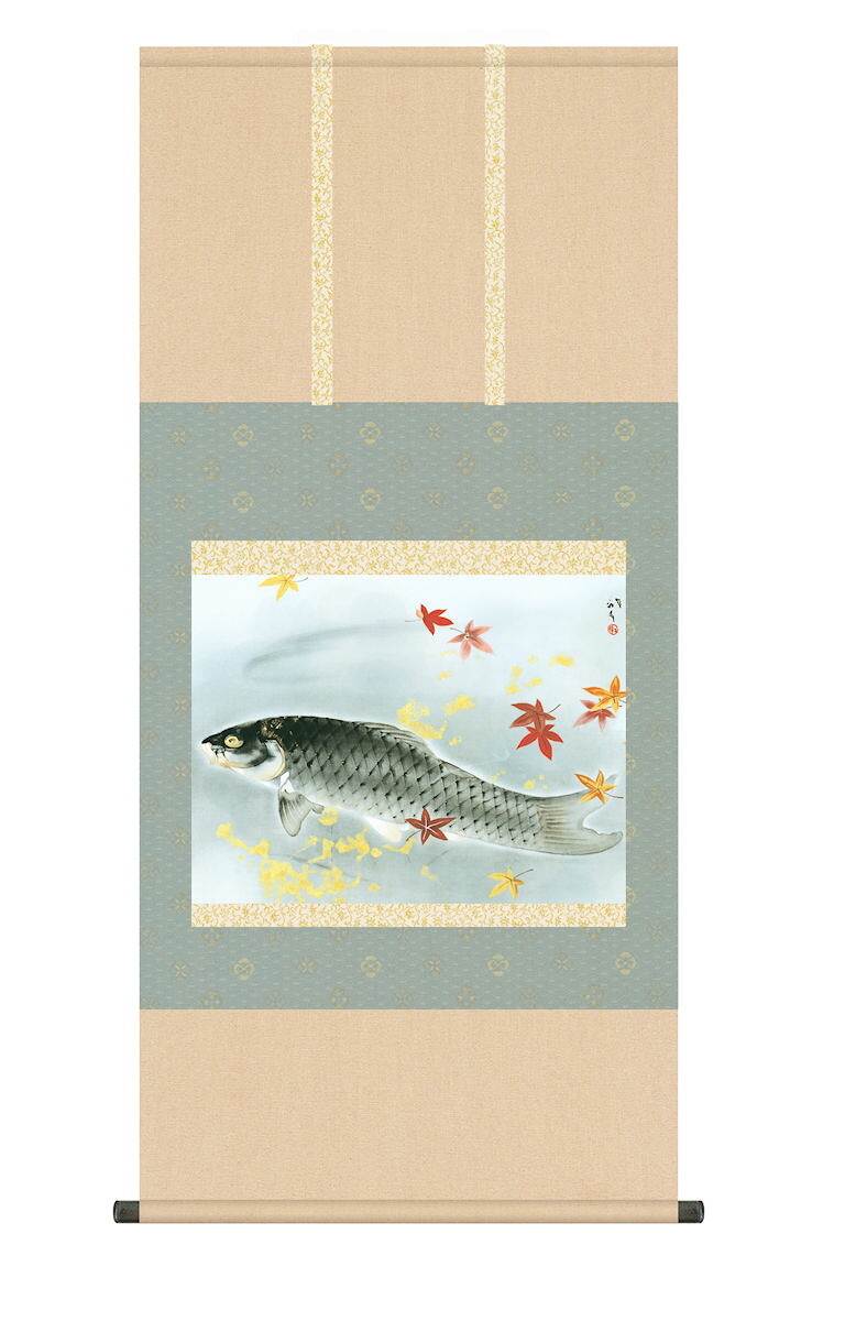 掛軸 日本画 床の間 送料無料 掛け軸 日本の巨匠 名画複製画 川端龍子 秋鱗(しゅうりん) 高精彩功芸画 手彩入り 14,200円